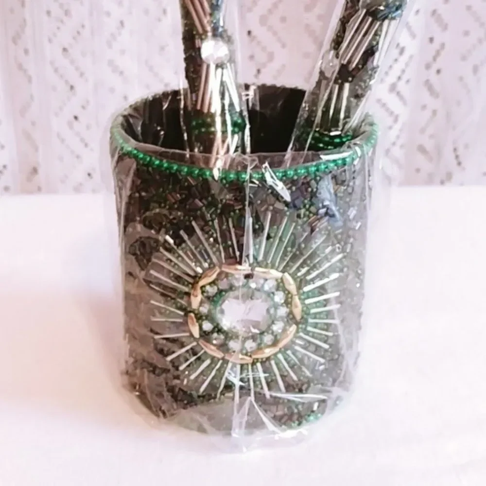 Beaded Pen Pot Set (3) Green Beaded Pens